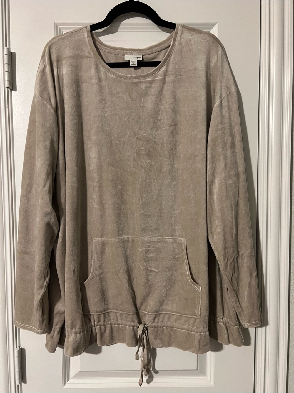 Taupe Velour Pullover with Front Pocket and Waist Cinch